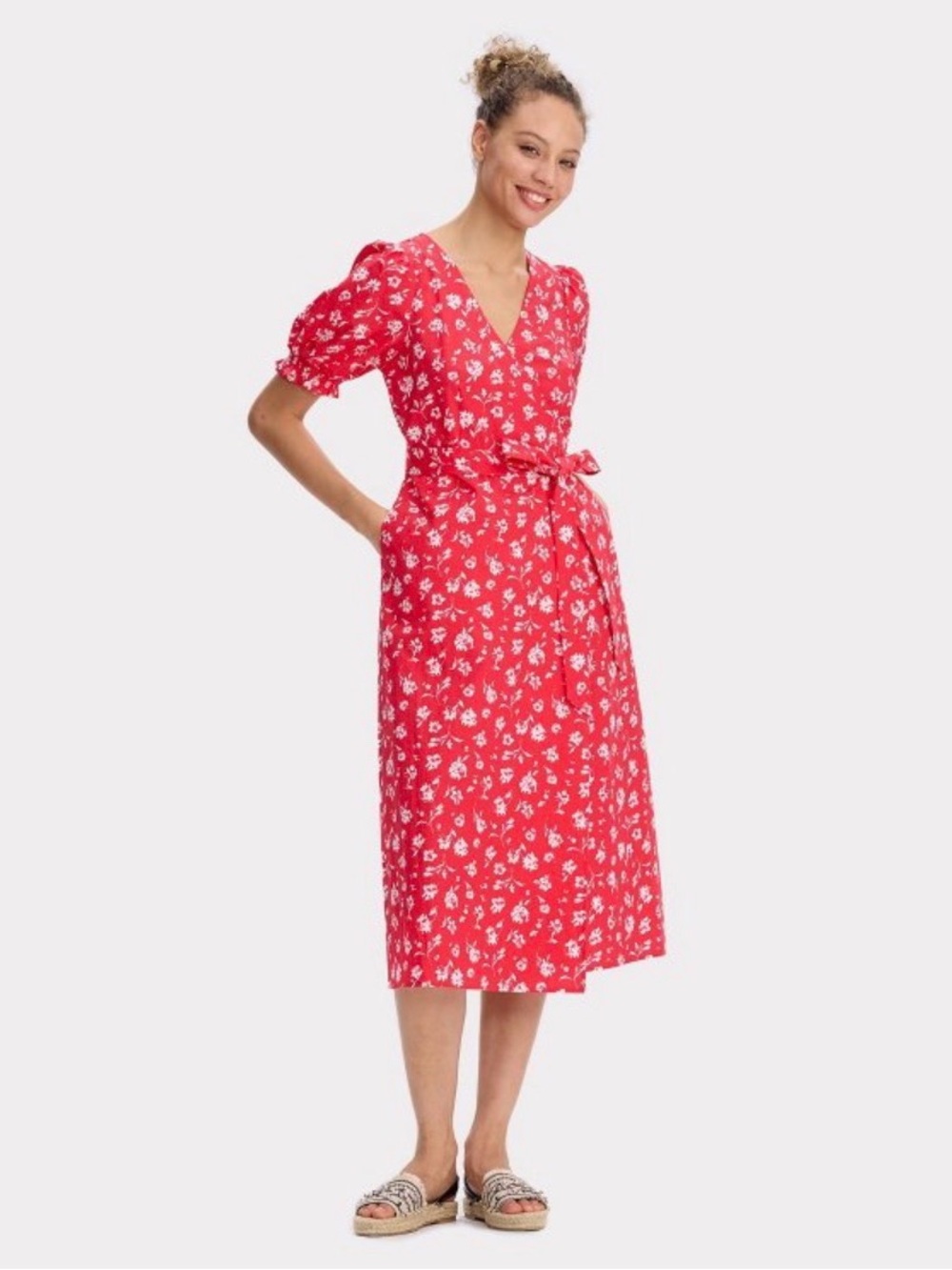 Women's Puff Short Sleeve Midi Wrap Dress.